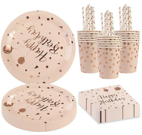BOKFJBP Lot de 80 pièces de vaisselle de fête d'anniversaire, ballons or rose, réutilisables, en papier, serviettes, tasses, pailles pour fête prénatale, décoration de mariage, pour garçon et fille