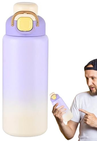 Jlobnyiun Poignée de bouteille d'eau en paille, paille isolée – Bouteilles d'eau anti-fuite pour homme avec couvercle ouvert et poignée, bouteilles d'eau chaude et froide anti-fuite D