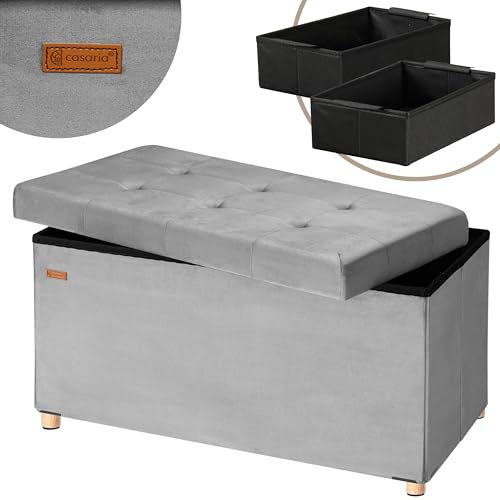 Casaria® Sitzbank mit Stauraum Grau Samt inkl. Boxen & Füßen Faltbar Sitzbank 300kg Belastbar 76cm Truhe Wohnzimmer Schlafzimmer Flur Truhenbank Bank