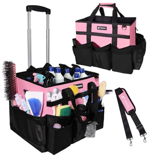 VSHXENG Large Rolling Cleaning Caddy Bag with Wheels, with Detachable Trolley, Cleaning Bags on Wheels for Housekeepers, Cleaning Cart Supplies Organizer for Home, Car, Picnic (Pink)