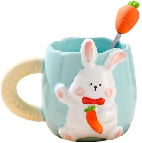 Huiyiwert Tasse à café en céramique mignonne - Motif lapin de dessin animé 3D - Avec cuillère à carotte en porcelaine - Pour anniversaire, Pâques, Nouvel An (vert)