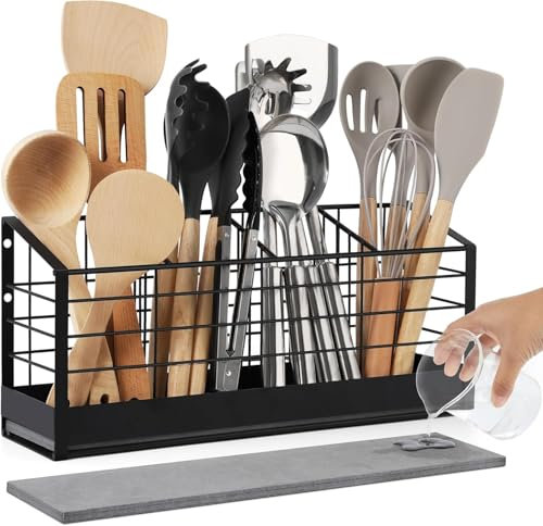 JREWE LIOUS Grand porte-ustensiles pour le comptoir de cuisine - Porte-ustensiles de cuisine mural avec fond en terre de diatomée à séchage rapide - Noir mat (4 compartiments)