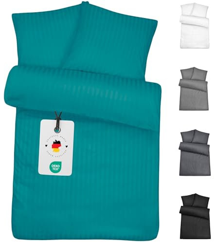 Carpe Sonno® Mikrofaser Damast Bettwäsche 135x200 Petrol | Hotel Bettwäsche gestreift | Polyester Bettbezug 135 x 200 | Klassische Bettwäsche-Sets | Gestreifte Bettwäsche Petrol mit Reißverschluss