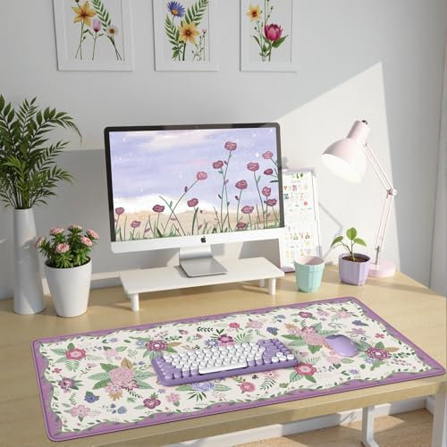 HAOCOO Purple Floral Desk Mat for Keyboard and Mouse, Non-Slip Large Mouse Pad with Stitched Edges, Computer Mats for Desk, Waterproof Keyboard Mat Protector for Woman, Office Present