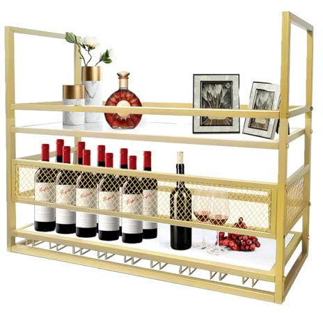amhricho Ceiling Wine Rack, Metal 2 Layer Hanging Wine Rack Display Wine Storage Holder Multifunctional, with Glass Holder for Home, Restaurant, Bar (GOLD, 160 * 30 * 50+40CM)