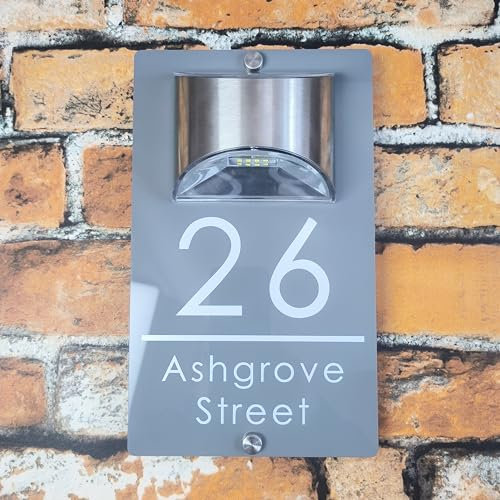 Custom Solar Address Sign Acrylic LED House Number Plaque Personalized Lighted Doorplate for Home Yard Auto-Charging Outdoor House Sign Illuminated Street Number Plate (Mirror gray + modern font)