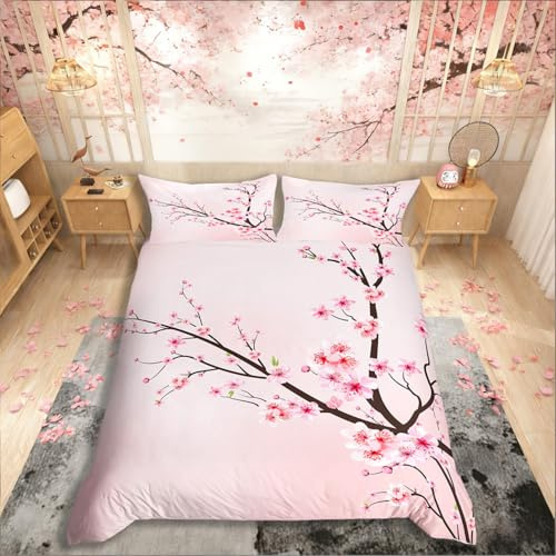 Loussiesd Filles Fleurs de Cerisier japonaises Housse de Couette 220x240cm Femmes Branche de Fleurs de Sakura Rose Floral Parure de Lit pâle pour Les Filles Enfants Printemps Botanique Literie Set