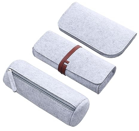 SEWACC 3 Stück Teiliges Filz Mäppchen Set Multifunktionale Stifte und Kosmetiktasche Hellgrau für Stifte Bleistifte und Make Up Flache Runde und Rechteckige Formen Strapazierfähig und