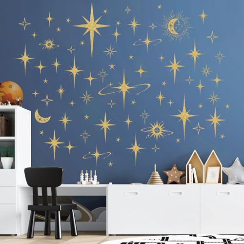 fufuquare Gold Sternschnuppe Mond Wandtattoos, Abziehen und Kleben Abnehmbare DIY Nachthimmel Wandaufkleber für Kinder Kinderzimmer Partei Schlafzimmer Wohnzimmer Spielzimmer