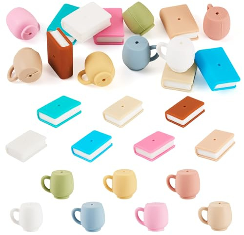 Spritewelry 14 Pcs 3D Book Silicone Focal Beads for Pens Coffee Cup Silicone Beads Rubber Loose Spacer Bead for Keychain Making Necklace Bracelet Lanyard Making