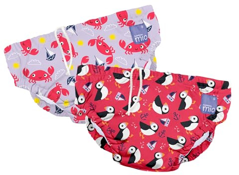 Bambino Mio, Revolutionary Reusable Swim Nappy Pants for Babies and Toddlers, Boys and Girls, Pink Puffin and Crab, Pack of 2, 0-6 Months