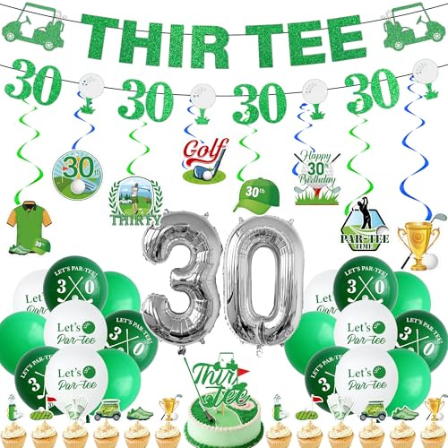 Golf 30th Birthday Party Decorations - 43 Pcs Green Golf Thir-Tee Banners | Hanging Swirls Cake Cupcake Toppers Number 30 Foil Balloons for Men 30 Years Old Golf Themed Birthday Decor Supplies