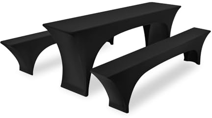 FXKS Stretchhussen Set 3tlg. 1 Biertisch + 2 Bierbank Hussen Schwarz | Für 1 Bierzeltgarnituren, 220 x 50 x 70 cm, Elastisch und Waschbar, mit Fußtaschen für Party und Bankett