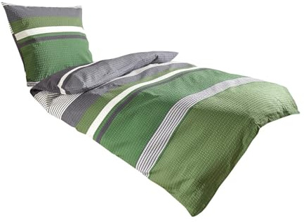Traumschlaf Seersucker Bettwäsche Mick Grün – bügelfreie Sommerbettwäsche 100% Baumwolle im schönen Streifendesign - atmungsaktiv & leicht - mit Reißverschluss - 135x200 cm + 80x80 cm