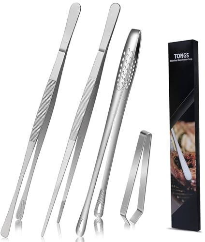4 Piezas Pinzas Cocina, Pinzas Chef de Acero Inoxidable 30cm y 20cm y 10cm | Aurinovellia, para Barbacoas, Emplatado, Ensaladas, Postres, Hornear y Espaguetis