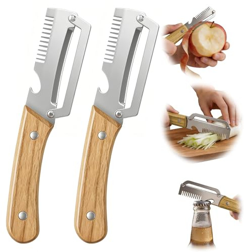 OXNSHEJW Multifunctional Vegetable Peeler, 3-in-1 Vegetable Peeler & Bottle Opener & Julienne Peeler, Stainless Steel Kitchen Tool with Wooden Handle for Potato, Apple, Fruit, Vegetable (2PCS)