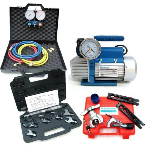 Kit Professionnel Climatisation, Ensemble d'Outils pour Installateurs CVC et Climatisation, Pompe à Vide 42L, Dudgeonnière, Clé Dynamométrique, Set Manomètres 2 Voies R32 R410A R134A R407C