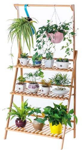 COPREE Bamboo 3-Tier Hanging Plant Stand Planter Shelves Flower Pot Organizer Rack Folding Display Shelving Plants Shelf Unit Holder