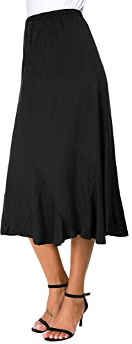 Donne Elegante Elastico Alta Vita Camoscio Midi Gonna Casual A-Linea Svasato Swing Gonna(L, Nero)