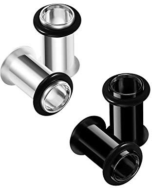 KJM FASHION 4 Stk Stahl Schwarz Eloxiert 5mm 4g Single Flared Tunnel Schwarzer O-Ring Ohr Flesh Tunnel Ohrringe Plug Stecker Dehner Piercing Schmuck 3941