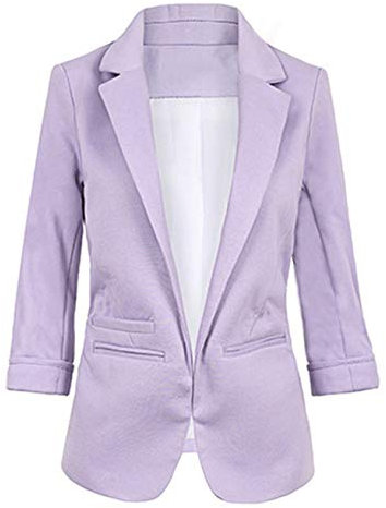 JIER Damen 3/4 Ärmel Blazer Elegant Cardigan Dünn Bolero Business Jacke Slim Fit Trenchcoat Anzugjacke Tailliert Kurzblazer Mantel Oberteil (Lila,Large)