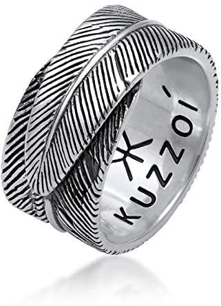 Kuzzoi Massiver Herrenring(14mm) im Feder Design schwarz oxidiert, Bandring für Männer aus 925 Sterling Silber, Ring im Vintage Look, Ringgröße 66, 0609382419_66