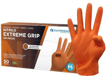 Guante de Nitrilo EXTREME GRIP de beHOLI - Caja de 50 Unidades (Naranja, L)
