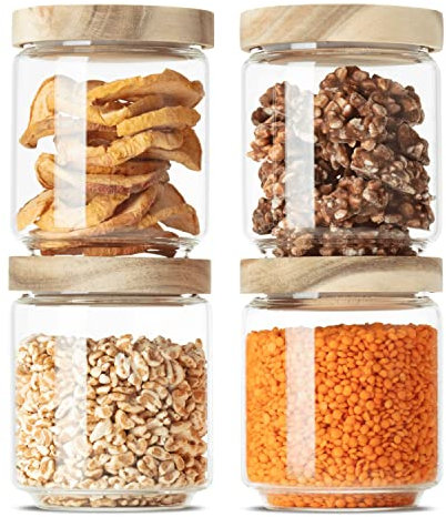 Econovo® Vorratsgläser mit Holzdeckel 500ml (4-teilig) aus Borosilikatglas, stapelbar und luftdicht, Vorratsdosen Glas-Behälter Aufbewahrungsglas mit Deckel für Vorräte groß und klein