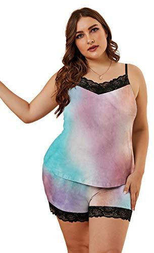 BLMFAION Women Sexy Plus Size Cami Shorts Ombre Lounge Pajamas PJ Sets Lace Loungewear Sleepwear Lingerie (1X-Large(US 14-16), Violet Tie-Dyed), Violet Tie-dyed, XL
