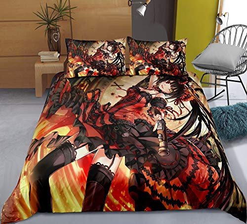 Dreiteilige Bettbezug for DATE LIVE-Tokisaki Kurumi Albtraum-Serie 1080, 3D-Anime Quilt Pillowcase, 100% Polyester, weich und bequem, Bettwäsche for Otaku und Anime Fans, bestes Geburtstag-Geschenk