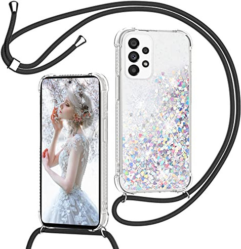 TUUTPU Handyband für Samsung Galaxy A52S 5G/A52 5G/4G Hülle mit Band, Glitzer Treibsand Handyhülle mit Kordel zum Umhängen Transparent Stoßfest Schutzhülle mit Kette Schnur, Case in Schwarz