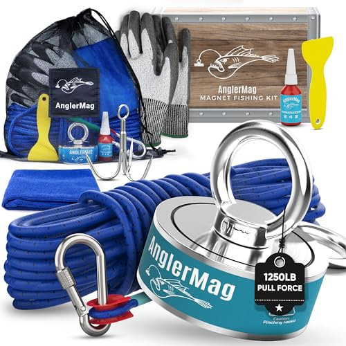 AnglerMag Magnet Fishing Kit, 1250 lbs Double Sided Magnetic Fishing Kit with Rope, Carabiner, Gloves, Grappling Hook & Carrying Bag, 10 Piece Complete Set