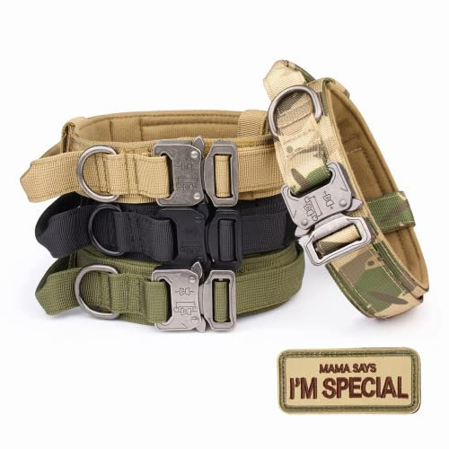Taktisches Hundehalsband – KCUCOP Militärisches mit Mama SAGT I m Special Patch Dick Griff K9 Halsband Tactipup Hundehalsbänder Verstellbar Heavy Duty Metallschnalle für M, L, XL Hunde (Schwarz, L)