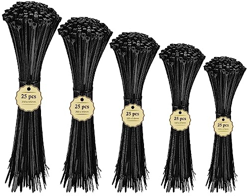 Aunly Pack of 125 5 Sizes Cable Ties, Plastic Nylon Zip Self Locking Tie Wraps for Home Office Garden Garage Workshop (2.5mm x 100mm, 2.5mm 150mm, 3.6mm 200mm, 250mm), Black