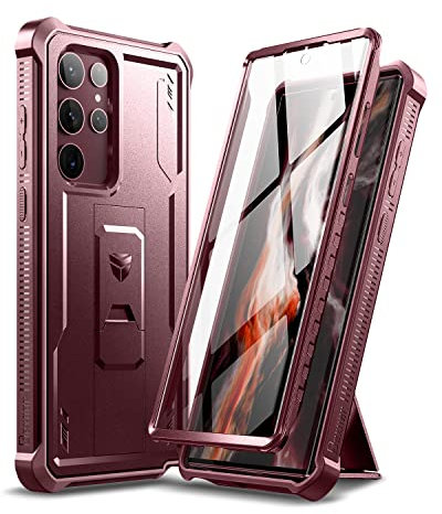Dexnor Kompatibel mit Hülle Samsung Galaxy S22 Ultra 5G mit integrierter Displayschutzfolie Militär-Grad 360 Full Body Shockproof Bumper Protection Cover with Stand - rot