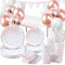 GOLDNICE Platos Vajilla para Fiestas Cumpleaños, 20 Invitados Vajilla con Globos, Platos y Vasos de Papel, Servilletas, Paja, para Fiestas, Boda, Aniversarios, Halloween, Navidad, Oro Rosa