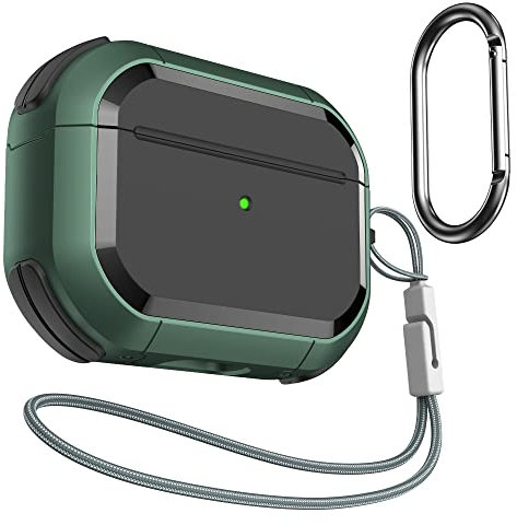 SURPHY Armor Hülle für AirPods Pro 2 (2022) mit Karabiner & Schnur, Schutzhülle mit 360 Grad Voller Schutz [Front LED Sichtbar] [Zwei Teile], Grün