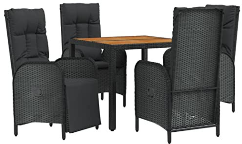 vidaXL Garten Essgruppe 5-TLG., Gartenmöbel Set mit Kissen, Gartengarnitur Tisch 4 Stühle mit Liegefunktion, Sitzgruppe Gartenset, Schwarz Poly Rattan
