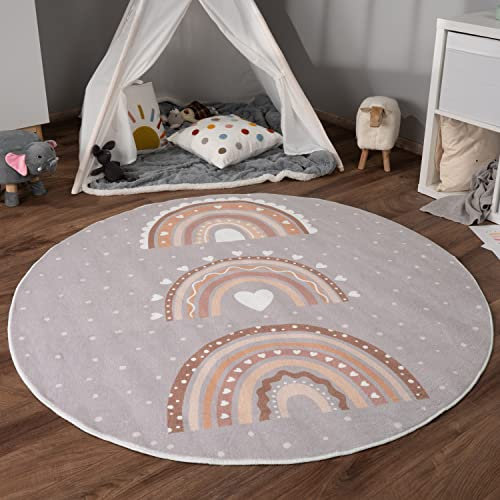 Paco Home Teppich Kinderzimmer Kinderteppich Spielteppich Kurzflor rutschfest Krone Herzen Punkte Sonne Regenbogen Buchstaben, Grösse:120 cm Rund, Farbe:Grau-Beige