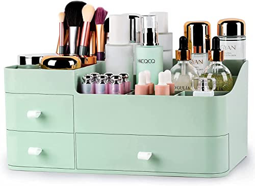 LAIBUY Makeup Organiser Storage,Large Cosmetics Organiser with Drawers,Makeup Organiser Dressing Table Organiser for Brushes, Lipsticks, Jewelry, Vanity, Bedroom, Bathroom (Green)