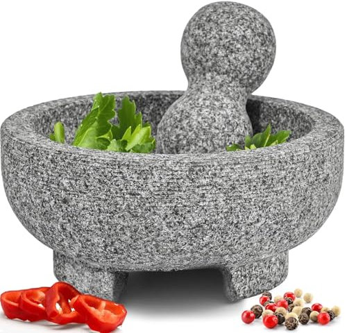 PriorityChef - Juego de mortero y mortero de granito, piedra natural molcajete mexicano de 6.1 pulgadas para especias, condimentos, pastas, cuenco de mortero para guacamole fresco, salsa, pesto,