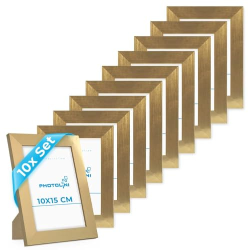 PHOTOLINI Bilderrahmen 10x15 cm Gold MDF-Holz, breite Rahmen, 10er Set, modern, bruchsicheres Acrylglas, zum Aufhängen & Aufstellen, extra Zubehör - für Ihre stilvolle Wanddekoration