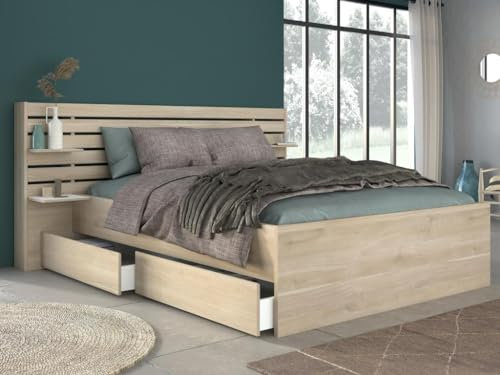 Vente-unique - Bett mit Stauraum - 160 x 200 cm - Holzfarben + Lattenrost - TENALIA II