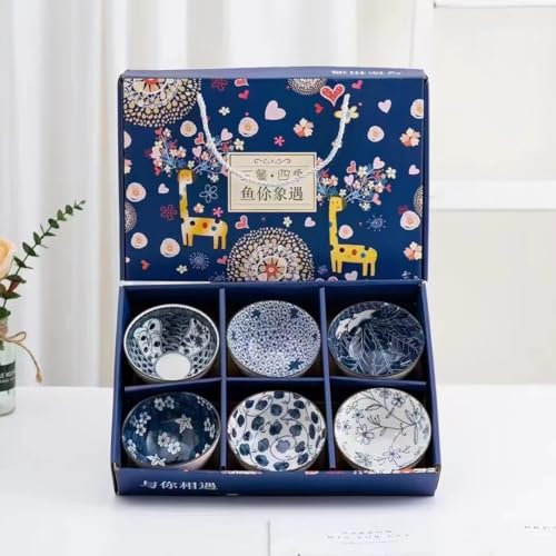 electromax Ceramic Serving Bowls, Chinese Rice Bowl with Gift Box, Japanese Pottery Bowls, Porcelain Serving Bowls for Rice, Soup, Dessert, Snack, 10oz/300ml, (6Pcs Set, Blue Pottery)