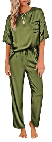 Ekouaer Womens Silk Pyjamas Loungewear Set Satin Pyjamas for Women Silky Pajama Set Short Sleeve Shirt with Long Pant Set Soft PJ, Army Green, L