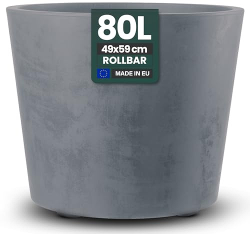 Kreher XXL Pflanzkübel Millennium Naturstein-Optik (Grau) | Mit rollbarer Plattform und 80 Liter Volumen, Maße 59 x 49 cm (ØxH)