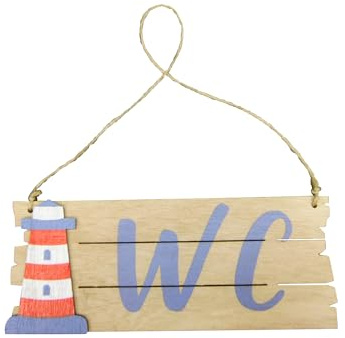 Echtholz Wandbild mit Kordel zum aufhängen - Verschönern Sie Ihr Zuhause mit diesen bunten und niedlichen maritimen Schildern aus natürlichen Holzmaterialien! (Leuchtturm WC 22x9cm)