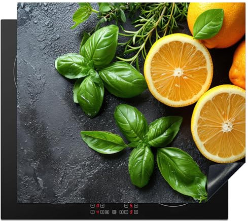 KitchenYeah© Protège Plaque Induction 59x52 cm Deco Cuisine Accessoire Pratique Protection De Vitroceramique Kitchen Gadget Fruits - Gris - Béton - Orange - Plantes