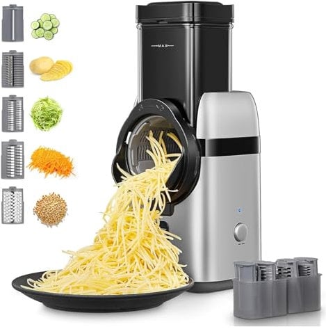 FOHERE Râpe a Légumes Électrique, 5 en 1 Elektrische Reibe, 80W trancheuse à légumes avec plusieurs lames interchangeables et boîte de rangement, râpe pour fruits et légumes-pommes de terre entières