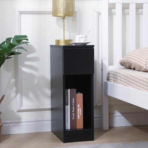Pantanal Slim Wood Bedside Table Bedroom Nightstand with Shelf and Drawer, Narrow Bathroom Small Floor Storage Cabinet Living Room End Table Sofa Side Table (Black)